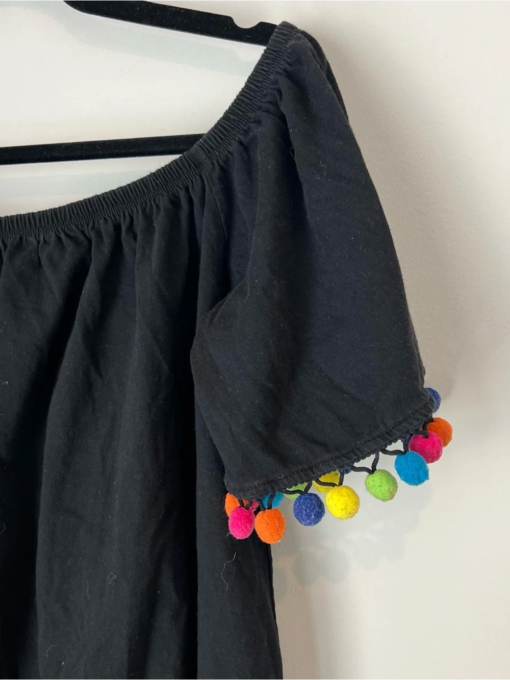 ASOS women’s Black Off the Shoulder Colorful Pom Pom Dress sz 6